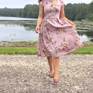 Spring Lavender Floral Midi Capped Sleeve Dress